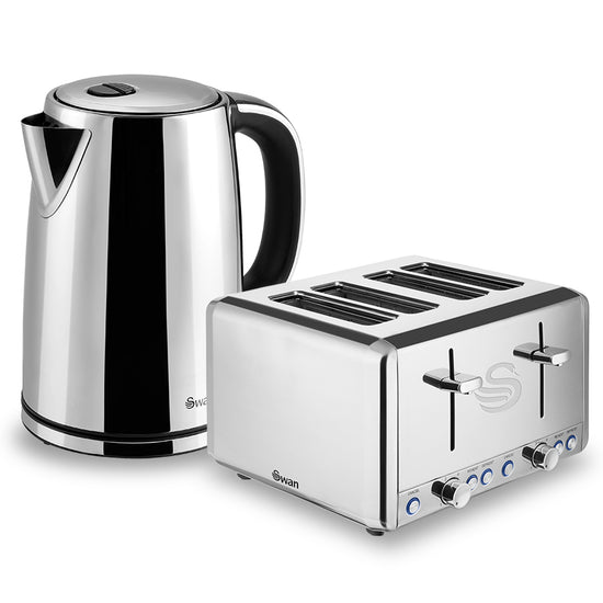 Swan Classic Polished Stainless Steel Cordless Kettle & 4 Slice Toaster SNR2P