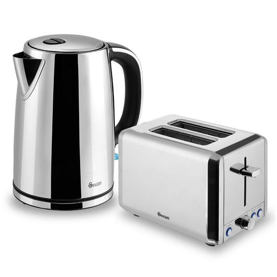 Swan Classic Polished Stainless Steel Cordless Kettle & 2 Slice Toaster SCR02P