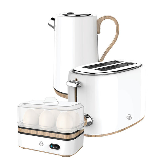 Swan White Cordless Kettle & 2 Slice Toaster & Egg Boiler SWTP1W