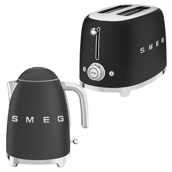 Smeg Retro 1.7l Kettle & 2 Slice Toaster Matte Black Combo KLF03BLMSA + TSF01BLMSA