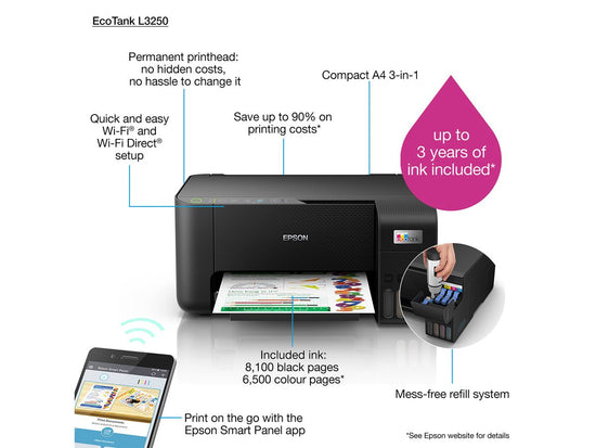 Epson L3250 EcoTank, A4, 3 in 1, Wi-Fi, Borderless Printer