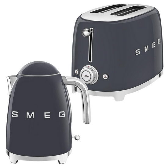 Smeg Retro 1.7l Kettle & 2 Slice Toaster Slate Grey Combo KLF03GRSA + TSF01GRSA